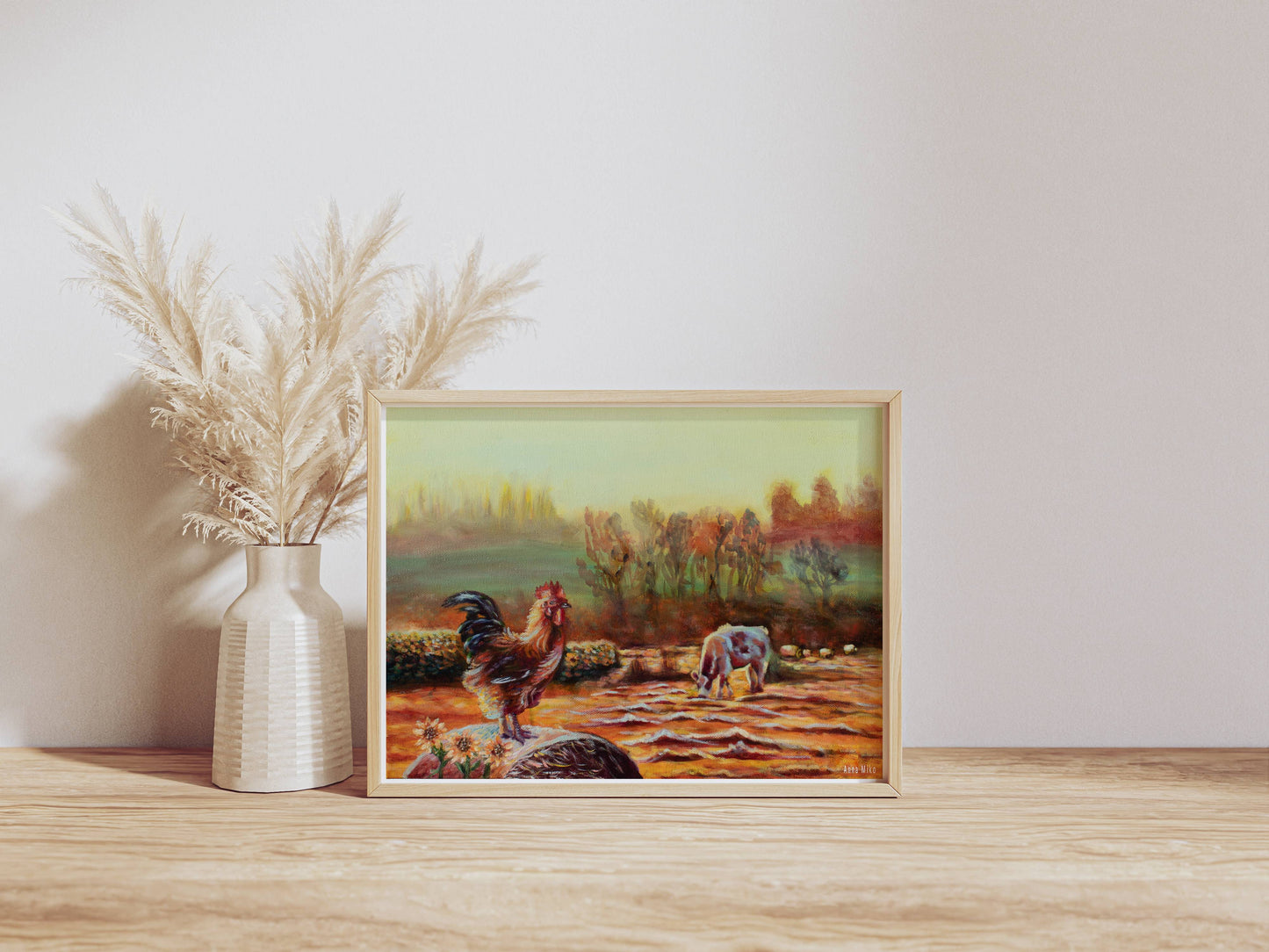 Rooster farmhouse decor wall art art gift rooster gift rural landscape art cow pasture poster