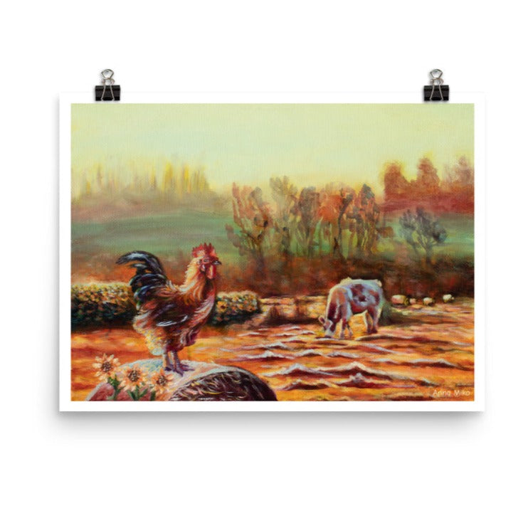 Rooster farmhouse decor wall art art gift rooster gift rural landscape art cow pasture poster