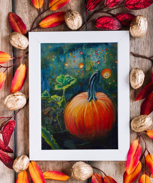 Pumpkin Halloween Poster Print Wall Art Autumn Fall Gift Original Painting Mixed Media Oil