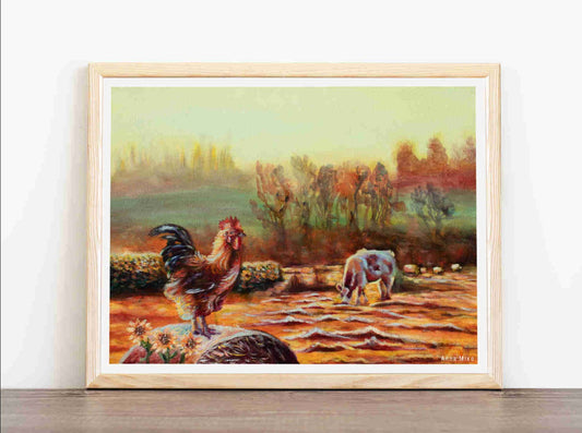 Rooster farmhouse decor wall art art gift rooster gift rural landscape art cow pasture poster